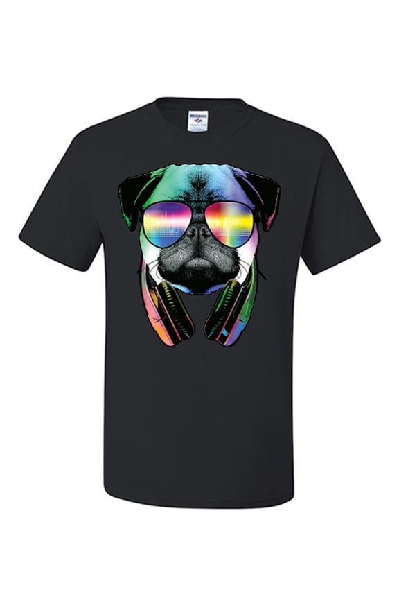 Funny Pug DJ in Sunglasses and Headphones T-Shirt Neon Music Shirt