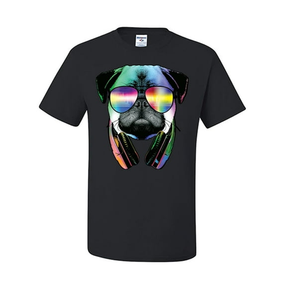 Tee Hunt Funny Pug DJ in Sunglasses and Headphones T-Shirt Neon Music Shirt
