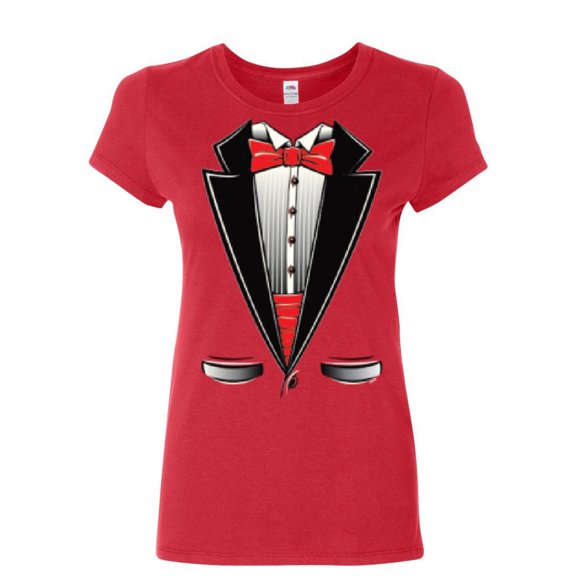 Tee Hunt Funny Tuxedo Bow Tie Cotton T-Shirt Tux Wedding Party, Red, Medium