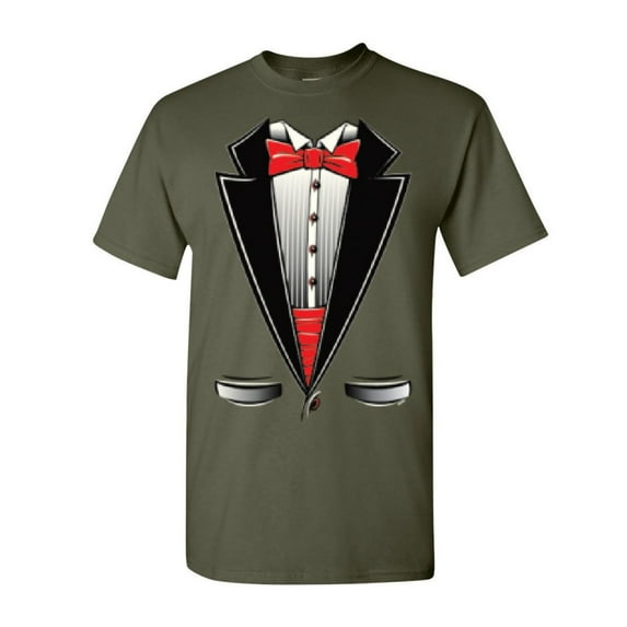 Tee Hunt Funny Tuxedo Bow Tie T-Shirt Tux Wedding Party Shirt, Military Green, Medium