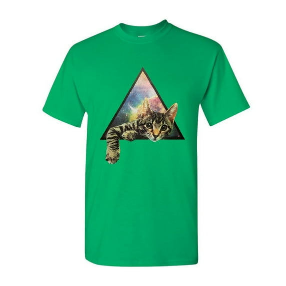 Tee Hunt Galaxy Cat T-Shirt Cute Kitten Paw Pet Universe Space Moon Men's Novelty Shirt, Green, Small