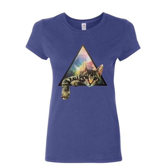 Tee Hunt Galaxy Cat Women's T-Shirt Novelty T-Shrit Cute Kitten Paw Pet Universe Space Moon Tee, Blue, Small