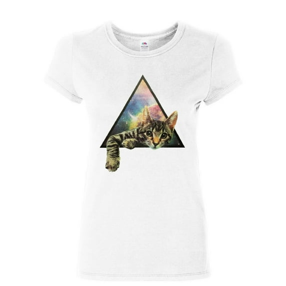 Tee Hunt Galaxy Cat Women's T-Shirt Novelty T-Shrit Cute Kitten Paw Pet Universe Space Moon Tee, White, 3X-Large