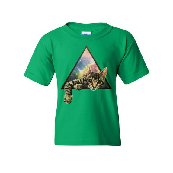 Tee Hunt Galaxy Cat Youth T-Shirt Cute Kitten Pet Universe Tee, Green, Small