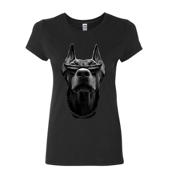 Tee Hunt Gangsta Doberman with Glasses Women's T-Shirt Pet Dog Lovers Swag Badass Shirt