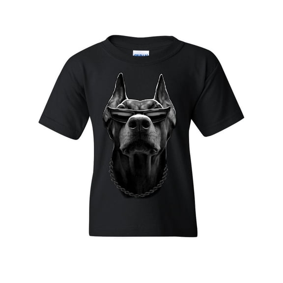 Tee Hunt Gangsta Doberman with Glasses Youth T-Shirt Pet Dog Lovers Swag Badass Kids Tee, Black, Large
