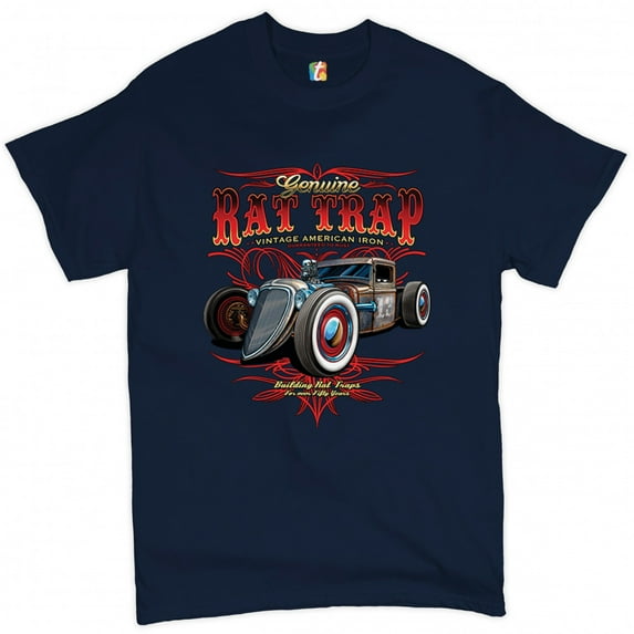 Tee Hunt Genuine Rat Trap T-Shirt Route 66 Vintage Hot Rod Old School Men's Novelty Shirt, Navy Blue, 5X-Large