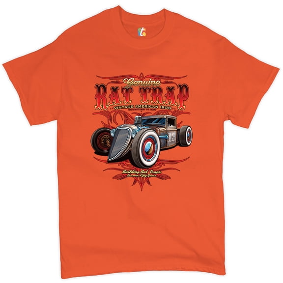 Tee Hunt Genuine Rat Trap T-Shirt Route 66 Vintage Hot Rod Old School Men's Novelty Shirt, Orange, Medium