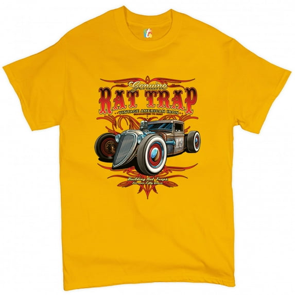 Tee Hunt Genuine Rat Trap T-Shirt Route 66 Vintage Hot Rod Old School Men's Novelty Shirt, Yellow, 3X-Large