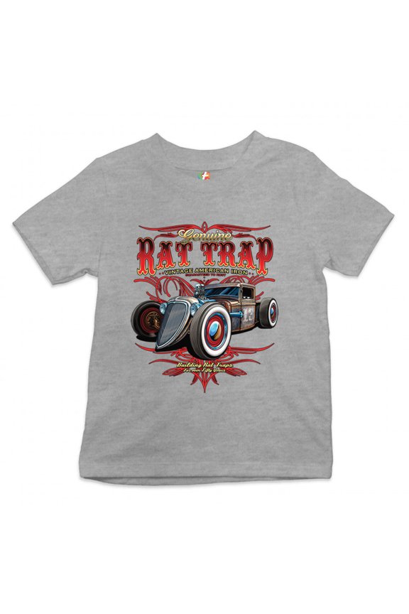 Genuine Rat Trap Youth T-Shirt Route 66 Vintage Hot Rod Old School Kids, Gray, Small