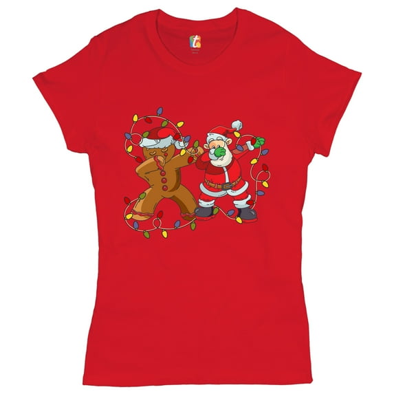 Tee Hunt Gingerbread Man and Santa Claus Dab Dance T-Shirt Merry Christmas Women's T-Shirt Tee, Red, X-Large
