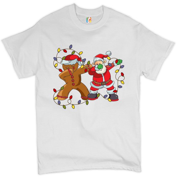 Tee Hunt Gingerbread Man and Santa Claus Dab Dance T-shirt Merry Christmas Men's Tee, White, Large