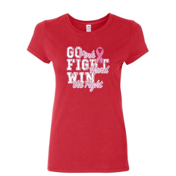 Tee Hunt Go Fight Hard Win The Fight Women's T-Shirt Ribbon Cancer Cure Shirt, Red, Large
