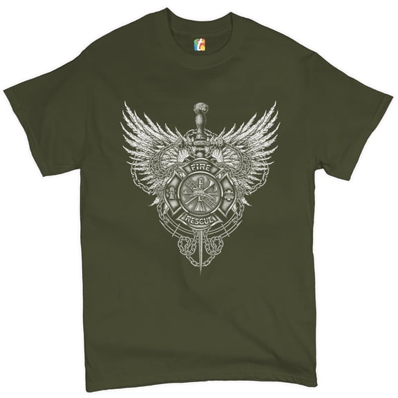Tee Hunt Gothic Firefighter Emblem T-shirt Courage Honor Sacrifice Men's Tee, Military Green, Medium