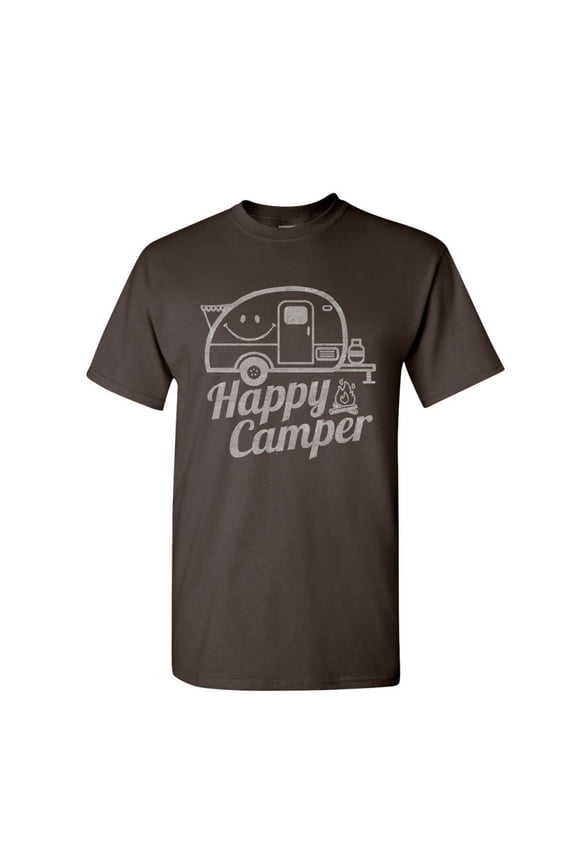 Happy Camper T-Shirt RV Tourism Camping Summer Nature Travel Mens Shirt, Brown, Small