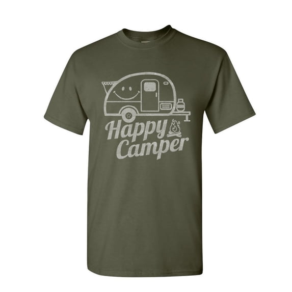 Tee Hunt Happy Camper T-Shirt RV Tourism Camping Summer Nature Travel Mens Shirt, Military Green, Small