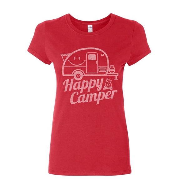 Tee Hunt Happy Camper Women's T-Shirt RV Tourism Camping Summer Nature Travel Shirt, Red, 3X-Large