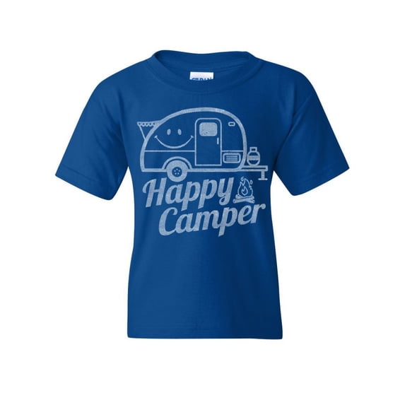 Tee Hunt Happy Camper Youth T-Shirt RV Tourism Camping Summer Nature Travel Kids Tee, Blue, Small