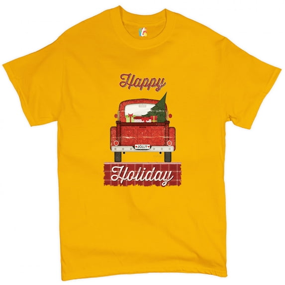 Tee Hunt Happy Holiday T-Shirt Merry Christmas Truck Santa Claus Xmas Men's Tee, Yellow, X-Large