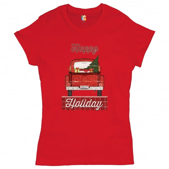 Tee Hunt Happy Holiday T-Shrit Merry Christmas Truck Santa Claus Xmas Women's T-Shirt Tee, Red, 3X-Large