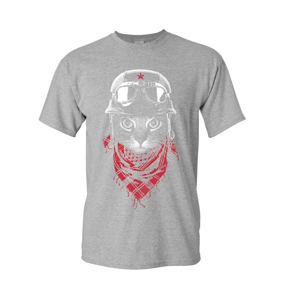 Tee Hunt Hardcore Biker Cat T-Shirt Adventurer Motorcycle Rider Kitten Mens Shirt, Gray, Medium