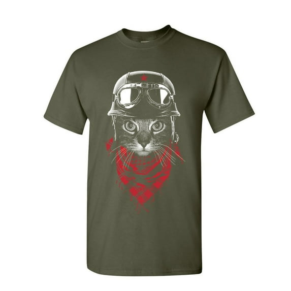 Tee Hunt Hardcore Biker Cat T-Shirt Adventurer Motorcycle Rider Kitten Mens Shirt, Military Green, X-Large