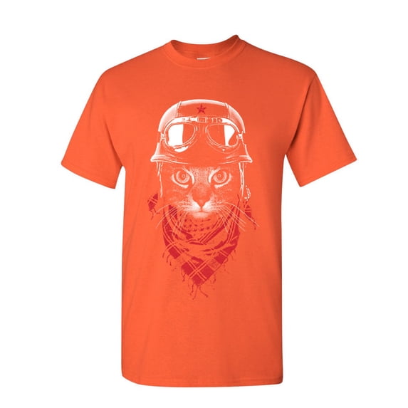 Tee Hunt Hardcore Biker Cat T-Shirt Adventurer Motorcycle Rider Kitten Mens Shirt, Orange, Medium