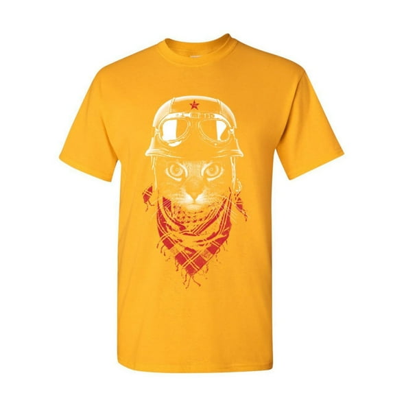 Tee Hunt Hardcore Biker Cat T-Shirt Adventurer Motorcycle Rider Kitten Mens Shirt, Yellow, Medium