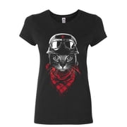 Tee Hunt Hardcore Biker Cat Womens T-Shirt Adventurer Motorcycle Rider Kitten Shirt, Black, Medium