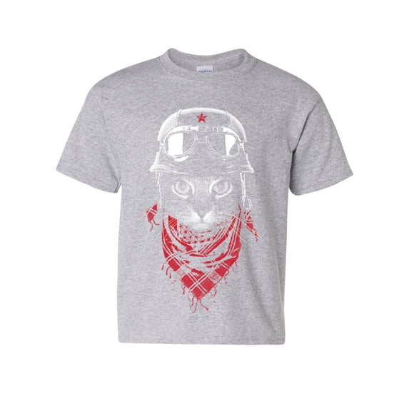 Tee Hunt Hardcore Biker Cat Youth T-Shirt Adventurer Motorcycle Rider Kitten Kids Tee, Gray, Large