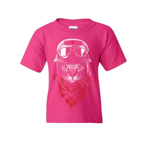 Tee Hunt Hardcore Biker Cat Youth T-Shirt Adventurer Motorcycle Rider Kitten Kids Tee, Pink, Large