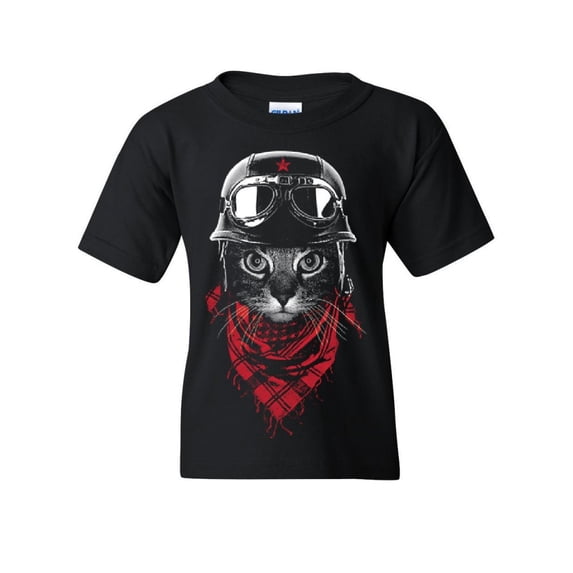 Tee Hunt Hardcore Biker Cat Youth T-Shirt Adventurer Motorcycle Rider Kitten Kids Tee