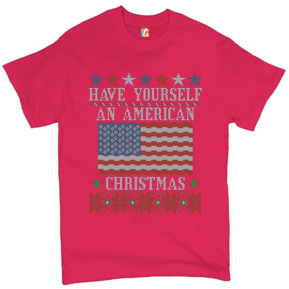 Tee Hunt Have Yourself an American Christmas T-Shirt Ugly Sweater Patriotic Men's Tee, Hot Pink, 5X-Large