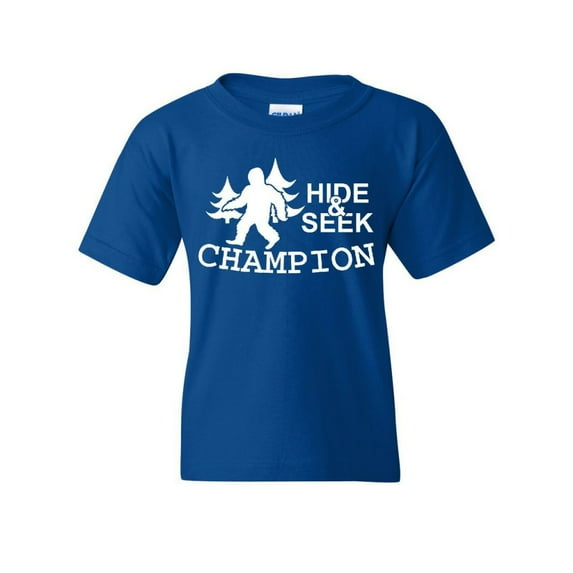 Tee Hunt Hide and Seek Champion Youth T-Shirt Bigfoot Yeti Funny Humor Kids Tee, Blue, Small