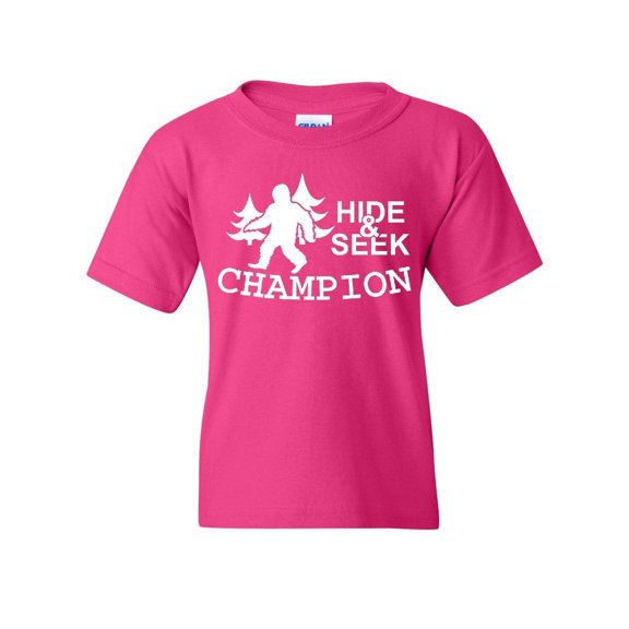 Tee Hunt Hide and Seek Champion Youth T-Shirt Bigfoot Yeti Funny Humor Kids Tee, Pink, Small