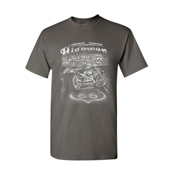 Tee Hunt Highway Legend Route 66 T-Shirt Biker American Tradition Chopper Mens Shirt, Charcoal, Small