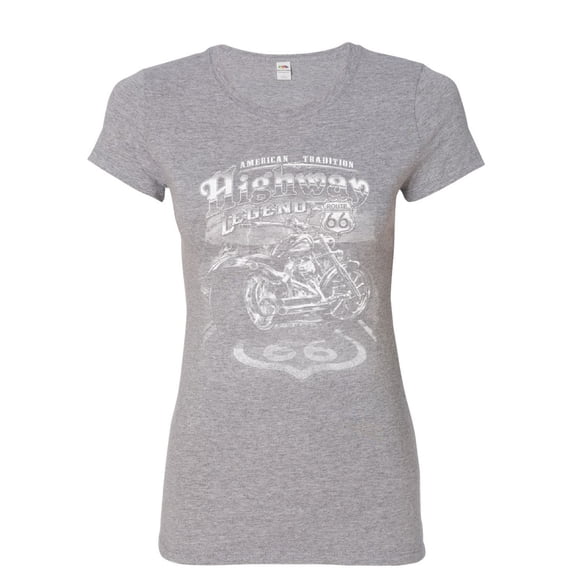 Tee Hunt Highway Legend Route 66 Women's T-Shirt Biker American Tradition Chopper Shirt, Gray, X-Large