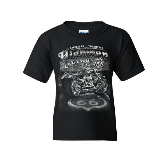 Tee Hunt Highway Legend Route 66 Youth T-Shirt Biker American Tradition Chopper Kids Tee