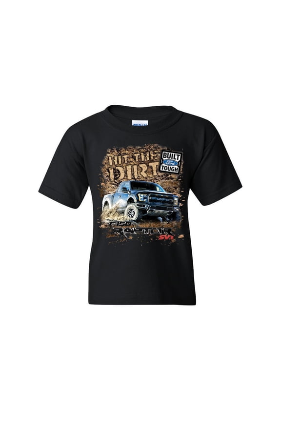Hit The Dirt Built Ford Tough Youth T-Shirt F-150 Raptor Pickup Truck Kids Tee, Black, Medium