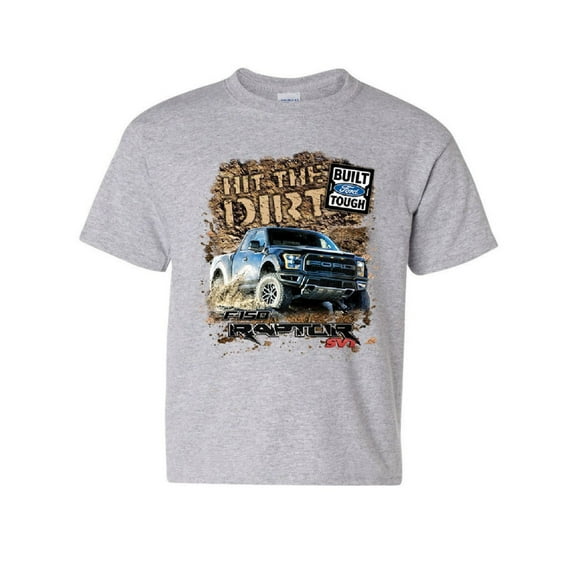 Tee Hunt Hit The Dirt Built Ford Tough Youth T-Shirt F-150 Raptor Pickup Truck Kids Tee, Gray, Small