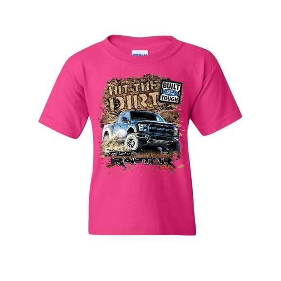 Tee Hunt Hit The Dirt Built Ford Tough Youth T-Shirt F-150 Raptor Pickup Truck Kids Tee, Pink, X-Large
