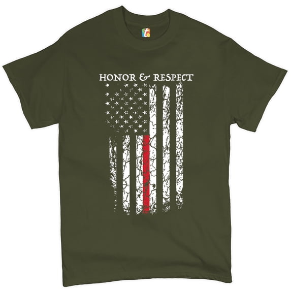 Tee Hunt Honor & Respect Thin Line T-Shirt Firefighter American Flag Men's Tee, Military Green, 3X-Large