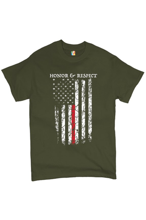 Honor & Respect Thin Line T-Shirt Firefighter American Flag Men's Tee, Military Green, Large