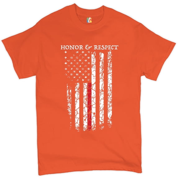 Tee Hunt Honor & Respect Thin Line T-Shirt Firefighter American Flag Men's Tee, Orange, 5X-Large