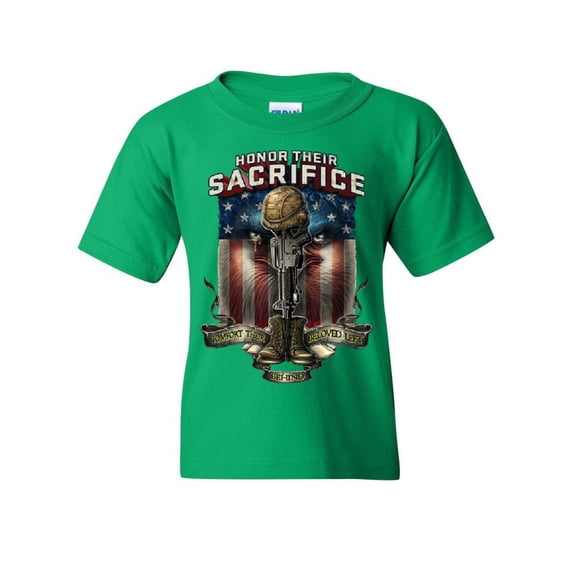 Tee Hunt Honor Their Sacrifice Youth T-Shirt POW MIA Military Remembrance Army Kids Tee, Green, Medium