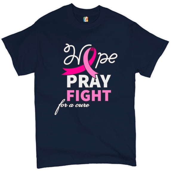 Tee Hunt Hope Pray Fight for a Cure T-Shirt Cancer Awareness Ribbon Men's Tee, Navy Blue, Large