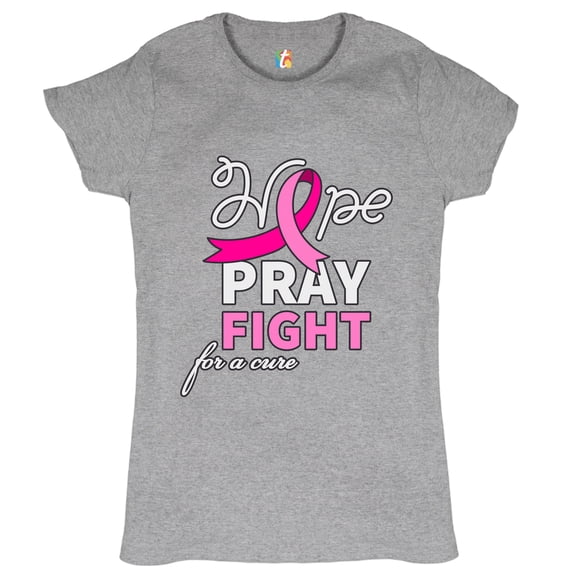 Tee Hunt Hope Pray Fight for a Cure T-Shrit Cancer Awareness Pink Ribbon Women's T-Shirt Tee, Gray, Large