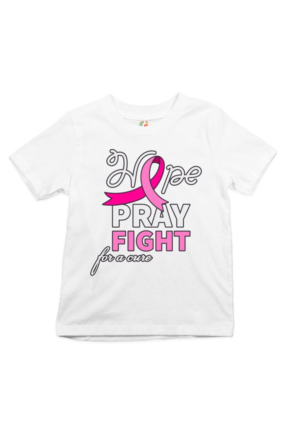 Hope Pray Fight for a Cure Youth T-Shirt Cancer Awareness Pink Ribbon Kids, White, Large