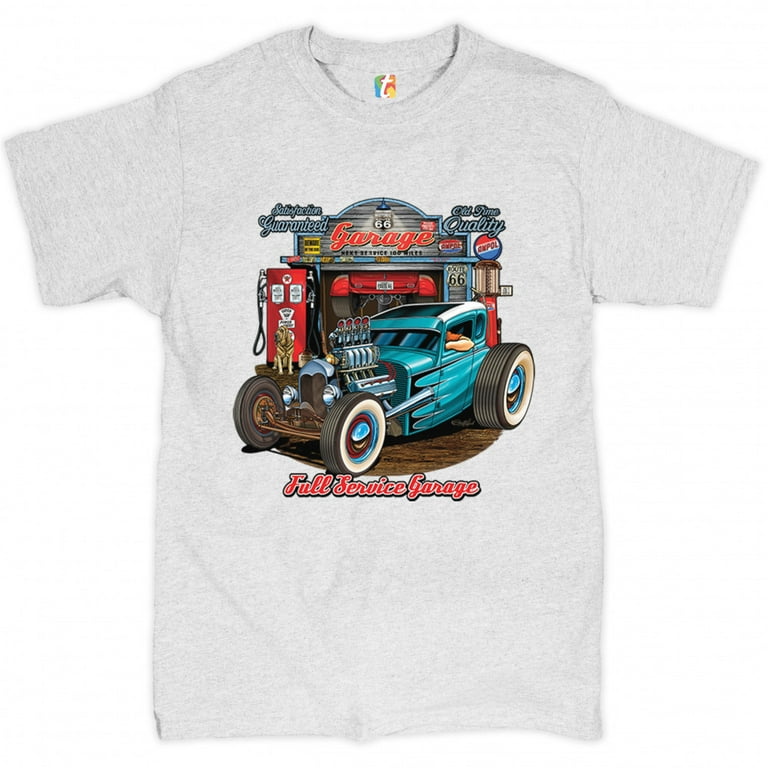 Tee Hunt Hot Rod Garage T Shirt Historic Route 66 Old School Drag Racing Men s Tee Ash Gray 5X Large