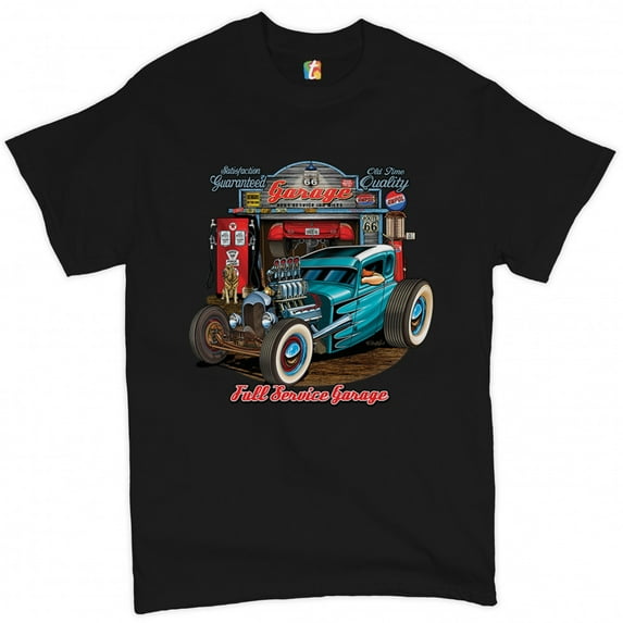 Tee Hunt Hot Rod Garage T-Shirt Historic Route 66 Old School Drag Racing Men's Tee, Black, XX-Large